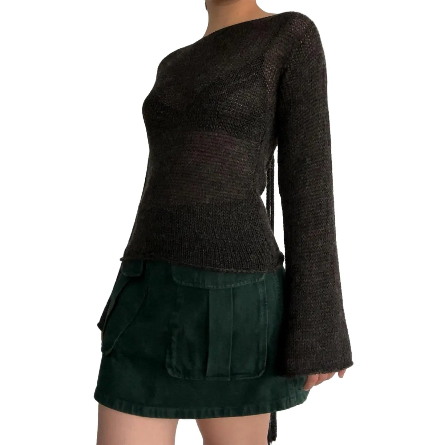 Women'S Tie Back Sweaters Long Sleeve Boat Neck Solid Color Knit Pullover Casual Tops