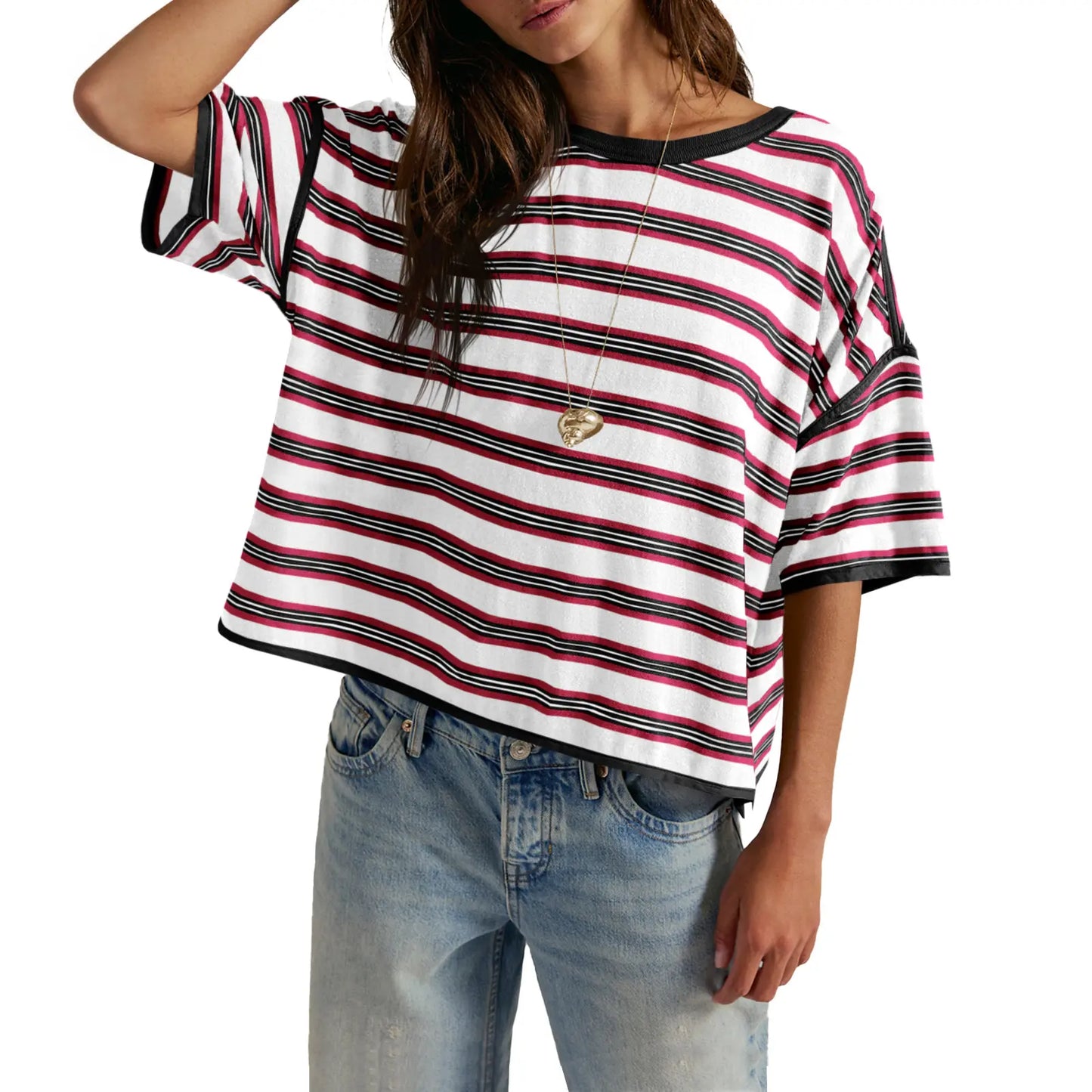 TANKANEO Women’S Striped Oversized T Shirt Crew Neck Short Sleeve Loose Fit Casual Boxy Tee Tops #Dupe