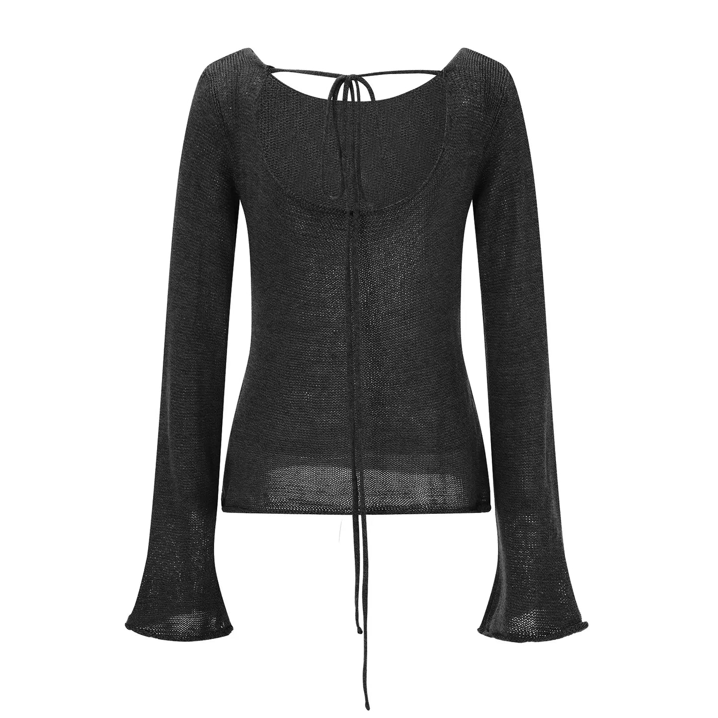 Women'S Tie Back Sweaters Long Sleeve Boat Neck Solid Color Knit Pullover Casual Tops