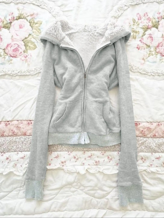 Retro Women'S Fleece Hooded Slim Fit Cardigan Autumn and Winter Hoodie Jacket