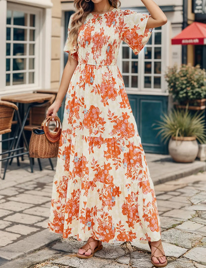 Zeagoo Live Women'S 2025 Summer Casual Floral Print Short Flutter Sleeve Crew Neck Smocked High Waist Flowy Maxi