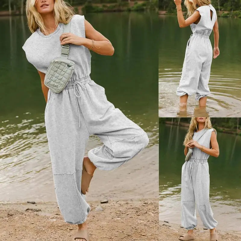 Tanming Women'S Casual Sleeveless One Piece Jumpsuits Crewneck Cap Sleeve Drawstring Romper Springfresh One Piece Outfits with Pockets