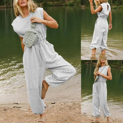 Tanming Women'S Casual Sleeveless One Piece Jumpsuits Crewneck Cap Sleeve Drawstring Romper Springfresh One Piece Outfits with Pockets
