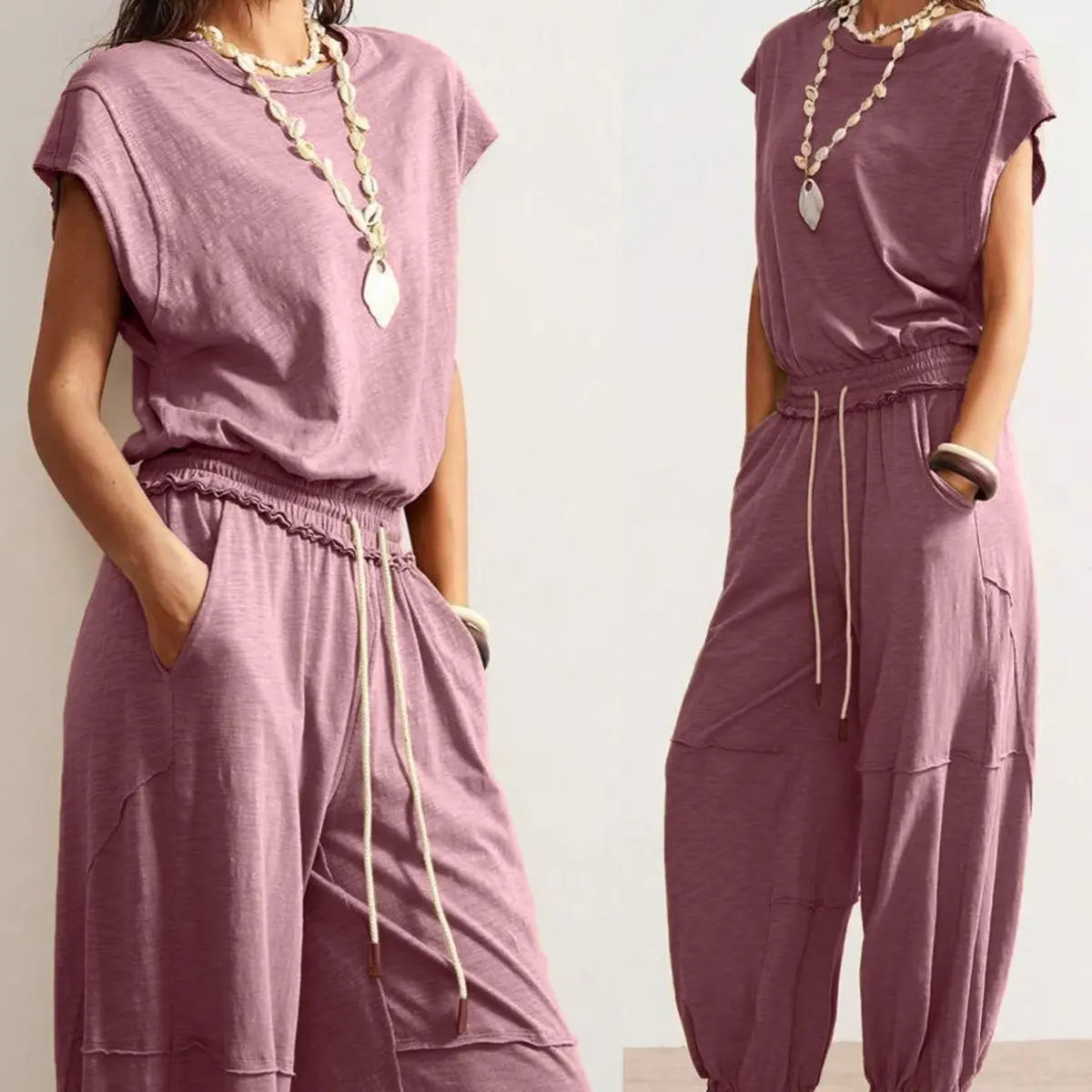 Tanming Women'S Casual Sleeveless One Piece Jumpsuits Crewneck Cap Sleeve Drawstring Romper Springfresh One Piece Outfits with Pockets