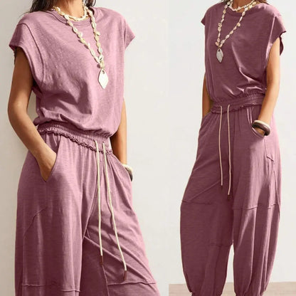 Tanming Women'S Casual Sleeveless One Piece Jumpsuits Crewneck Cap Sleeve Drawstring Romper Springfresh One Piece Outfits with Pockets