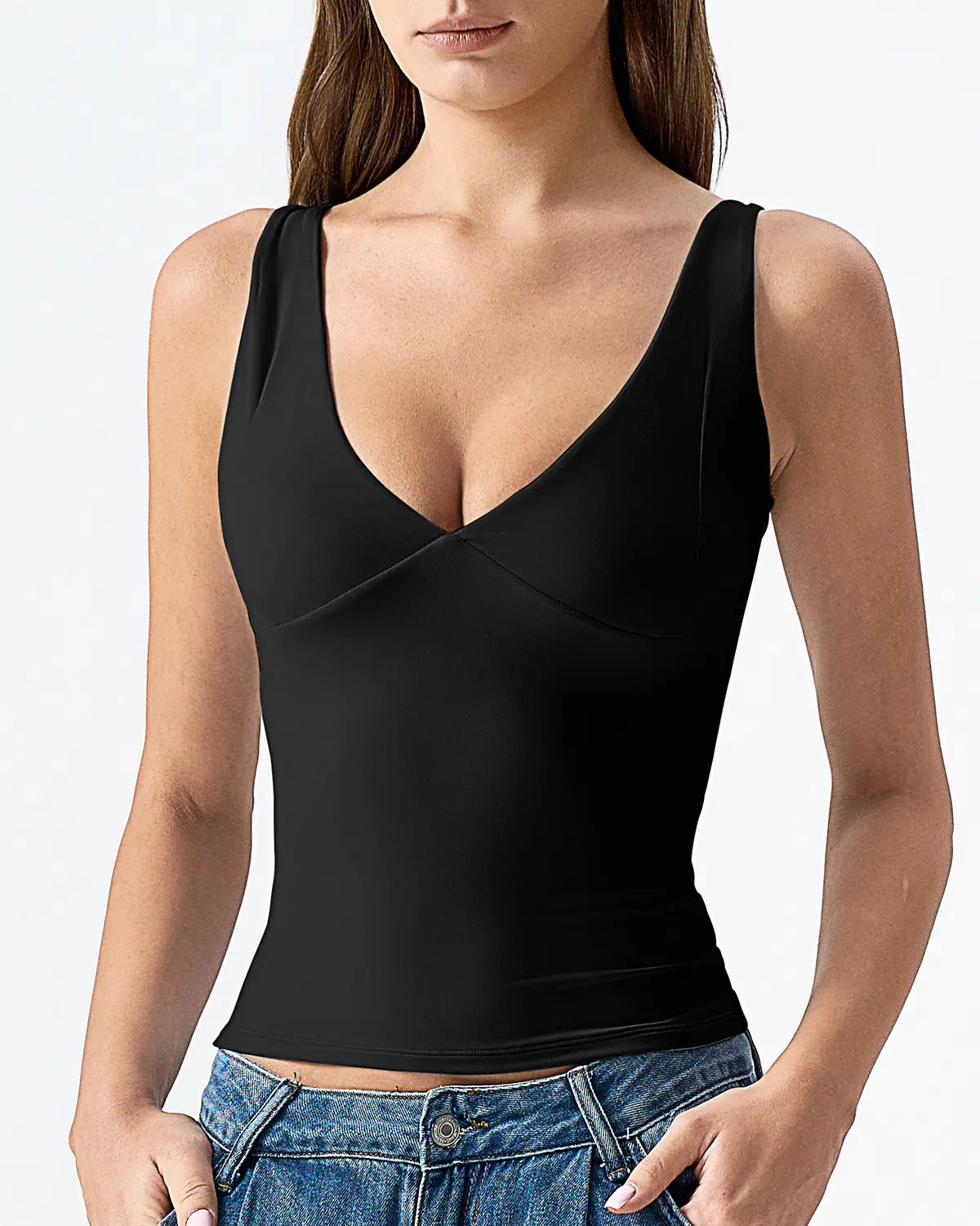 QINSEN Womens Double Lined Tank Tops Sexy V Neck Seamed Cup Adjustable Spaghetti Straps Camisole Shirts