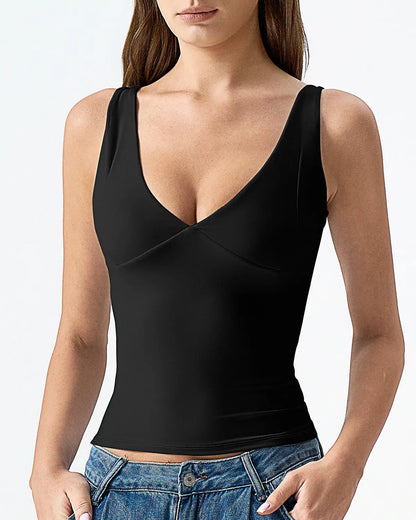 QINSEN Womens Double Lined Tank Tops Sexy V Neck Seamed Cup Adjustable Spaghetti Straps Camisole Shirts