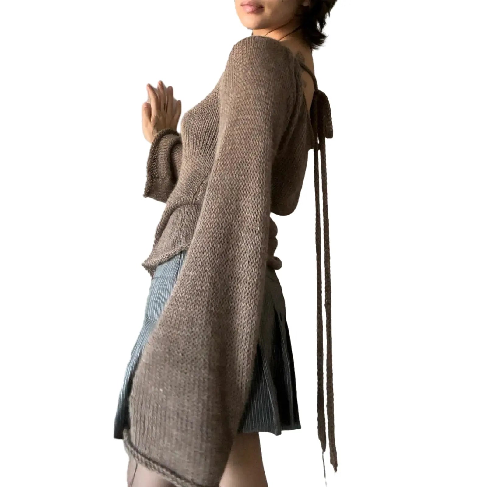 Women'S Tie Back Sweaters Long Sleeve Boat Neck Solid Color Knit Pullover Casual Tops