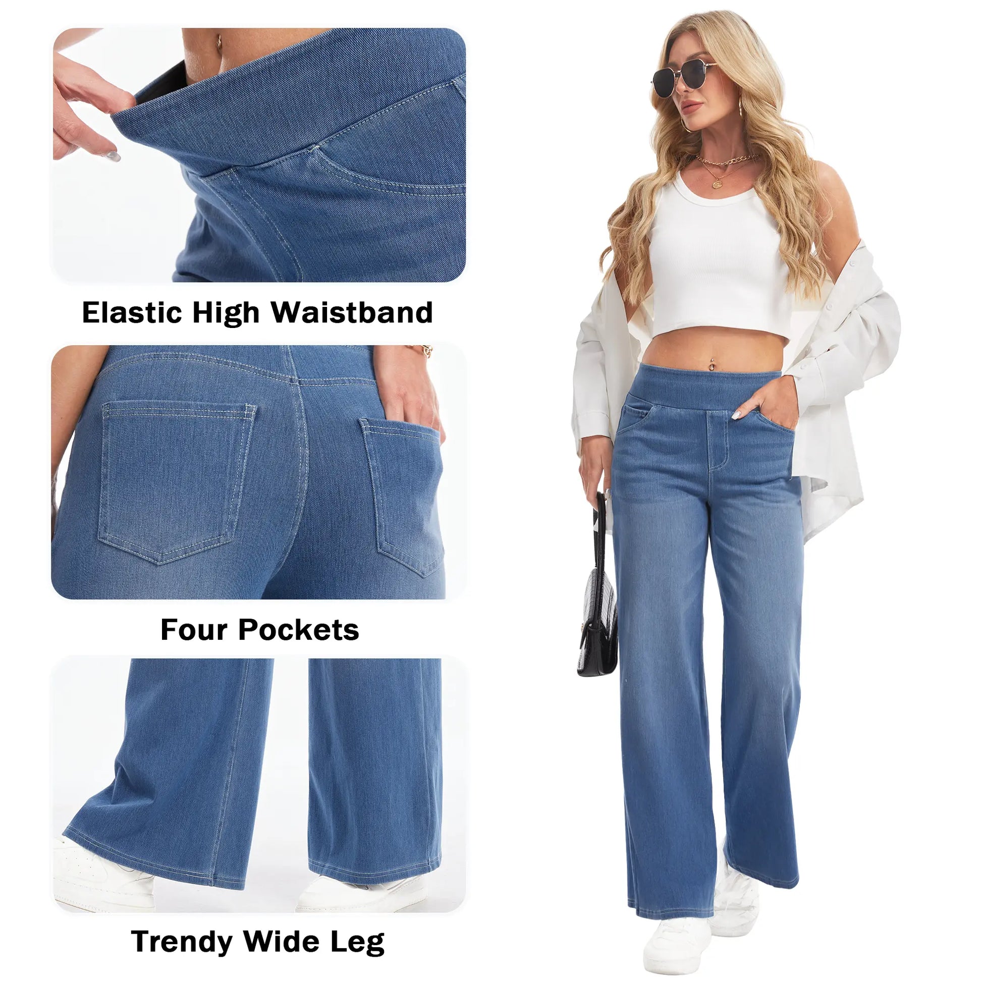 YUCOLEN Wide Leg Stretchy Jeans for Women Loose Fit Elastic High Waist Pants Pull on Baggy Fit Jeans Tummy Control Trousers Casual Work Wear (Regular Inseam)