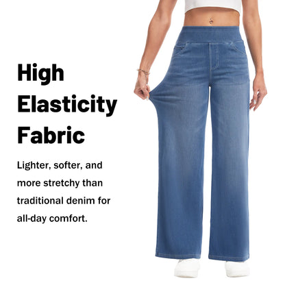 YUCOLEN Wide Leg Stretchy Jeans for Women Loose Fit Elastic High Waist Pants Pull on Baggy Fit Jeans Tummy Control Trousers Casual Work Wear (Regular Inseam)