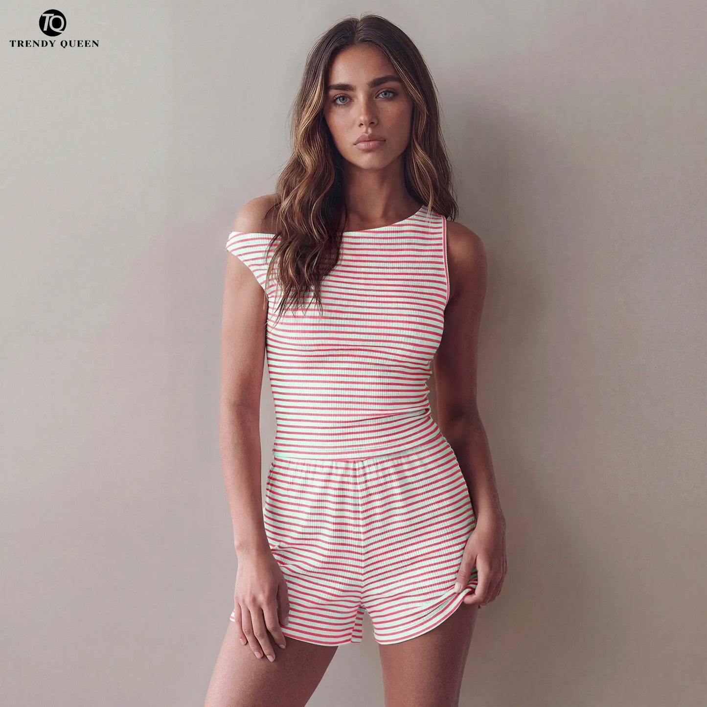 Trendy Queen Women'S Striped One Shoulder Two Piece Set - Summer 2026 Viral OOTD Ruched Sleeveless Top & Matching Shorts Vacation Outfit
