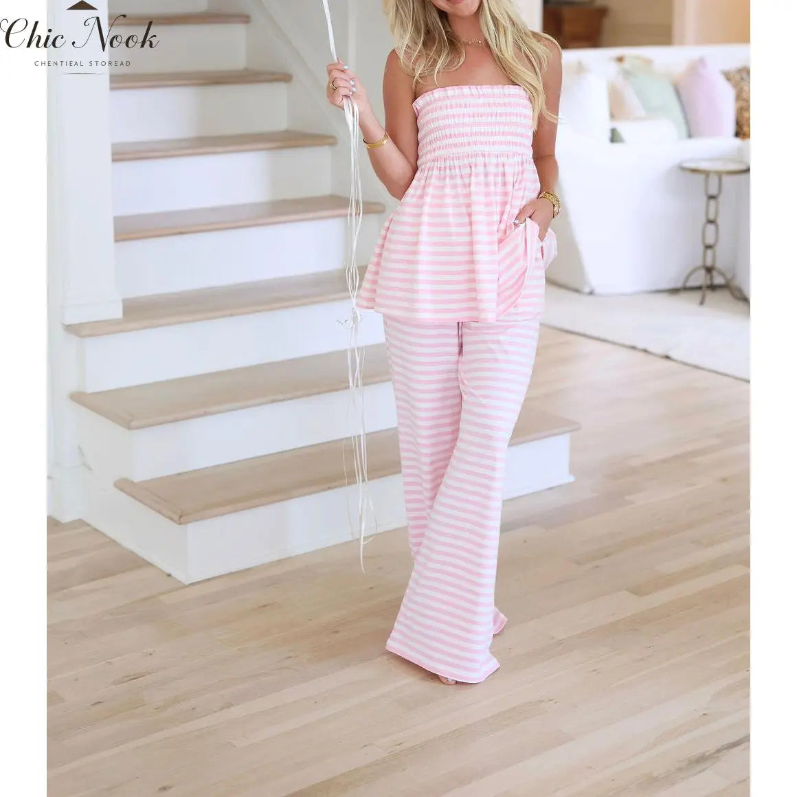 Women'S Striped Flowy Babydoll Bandeau Ruffle Tube Tops and Loose High Waist Long Pants Springstatements