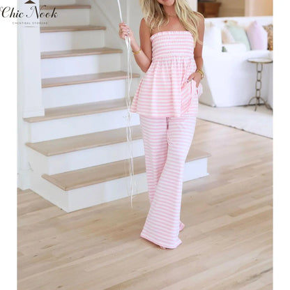 Women'S Striped Flowy Babydoll Bandeau Ruffle Tube Tops and Loose High Waist Long Pants Springstatements