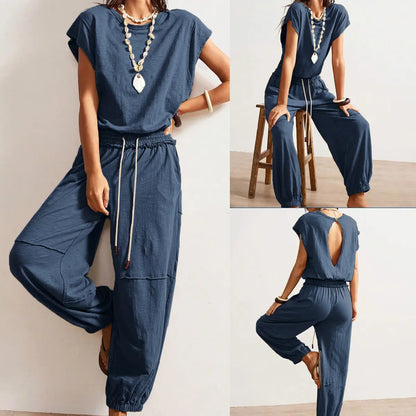 Tanming Women'S Casual Sleeveless One Piece Jumpsuits Crewneck Cap Sleeve Drawstring Romper Springfresh One Piece Outfits with Pockets