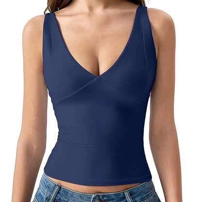 QINSEN Womens Double Lined Tank Tops Sexy V Neck Seamed Cup Adjustable Spaghetti Straps Camisole Shirts