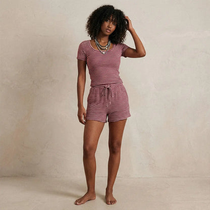 Trendy Queen Women'S 2 Piece Ribbed Striped Set Short Sleeve Scoop Neck Top and Matching Shorts Summer Lounge Wear Casual Shortsleeve