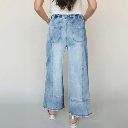 Shewin 2026 Spring/Summer Women'S High Waist Wide Leg Jeans Casual Stretch Denim Pants with Drawstring Waist and Pockets for Daily Wear Springstatements