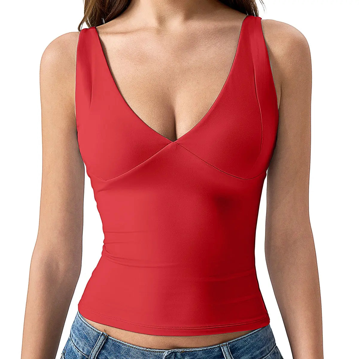 QINSEN Womens Double Lined Tank Tops Sexy V Neck Seamed Cup Adjustable Spaghetti Straps Camisole Shirts