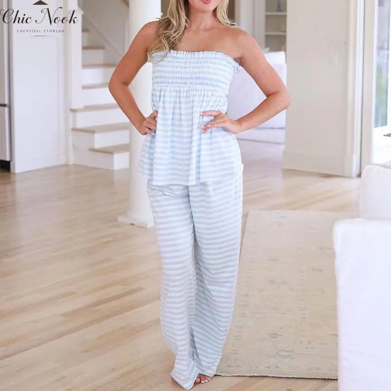 Women'S Striped Flowy Babydoll Bandeau Ruffle Tube Tops and Loose High Waist Long Pants Springstatements