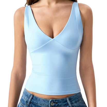 QINSEN Womens Double Lined Tank Tops Sexy V Neck Seamed Cup Adjustable Spaghetti Straps Camisole Shirts