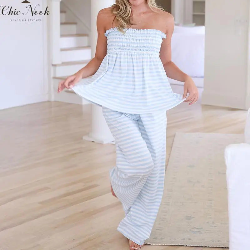Women'S Striped Flowy Babydoll Bandeau Ruffle Tube Tops and Loose High Waist Long Pants Springstatements
