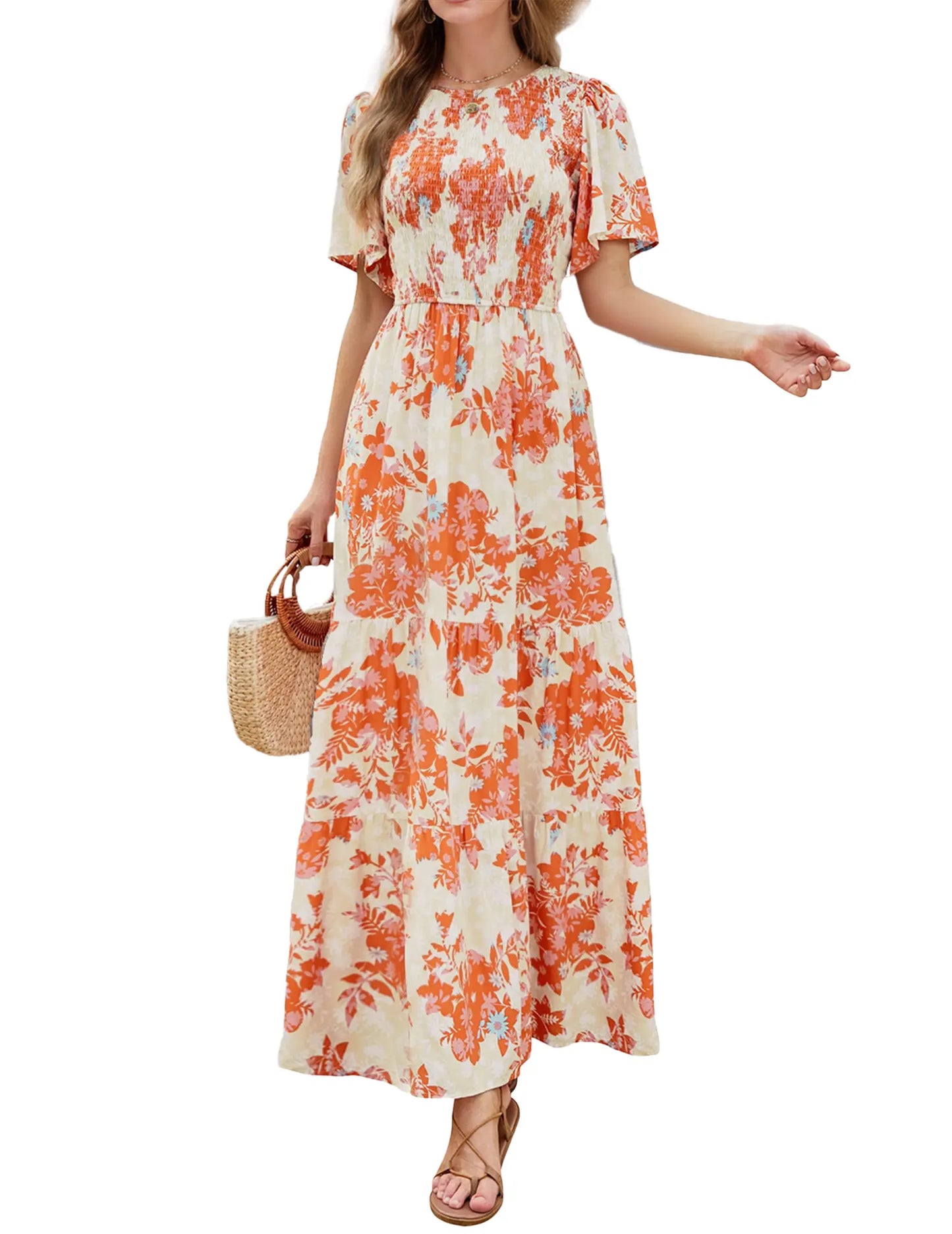 Zeagoo Live Women'S 2025 Summer Casual Floral Print Short Flutter Sleeve Crew Neck Smocked High Waist Flowy Maxi