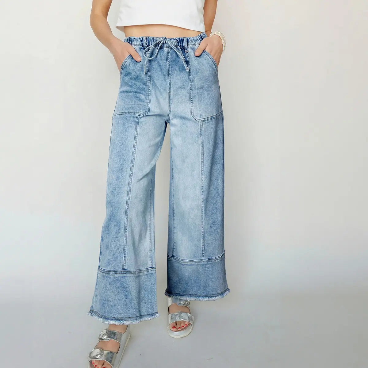 Shewin 2026 Spring/Summer Women'S High Waist Wide Leg Jeans Casual Stretch Denim Pants with Drawstring Waist and Pockets for Daily Wear Springstatements