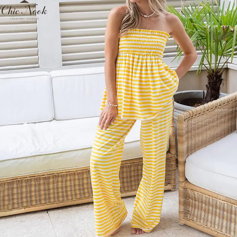 Women'S Striped Flowy Babydoll Bandeau Ruffle Tube Tops and Loose High Waist Long Pants Springstatements