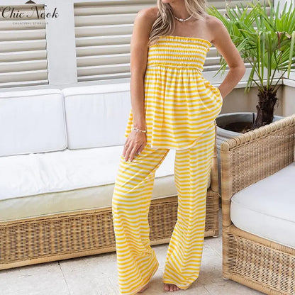 Women'S Striped Flowy Babydoll Bandeau Ruffle Tube Tops and Loose High Waist Long Pants Springstatements