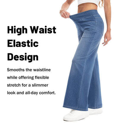 YUCOLEN Wide Leg Stretchy Jeans for Women Loose Fit Elastic High Waist Pants Pull on Baggy Fit Jeans Tummy Control Trousers Casual Work Wear (Regular Inseam)
