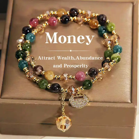 High-End Double Layer Rainbow Tourmaline round Beads Bracelet, Bohemian Style Bracelet with Delicate Longevity Lock, Unique Jewelry for Women