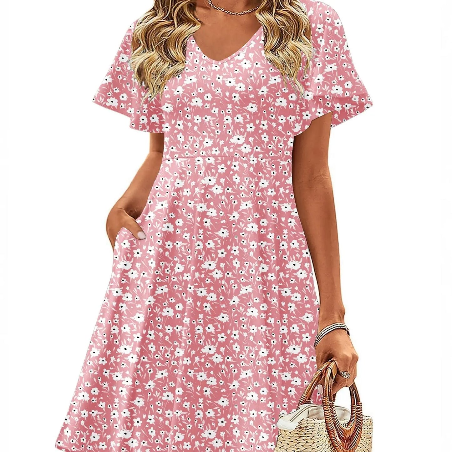 ZEAGOO Dealsforyoudays Womens Summer Dress Casual Swing Floral Ruffle Short Sleeve Sundresses Beach Mini A-Line Shift Dress 2025 with Pockets