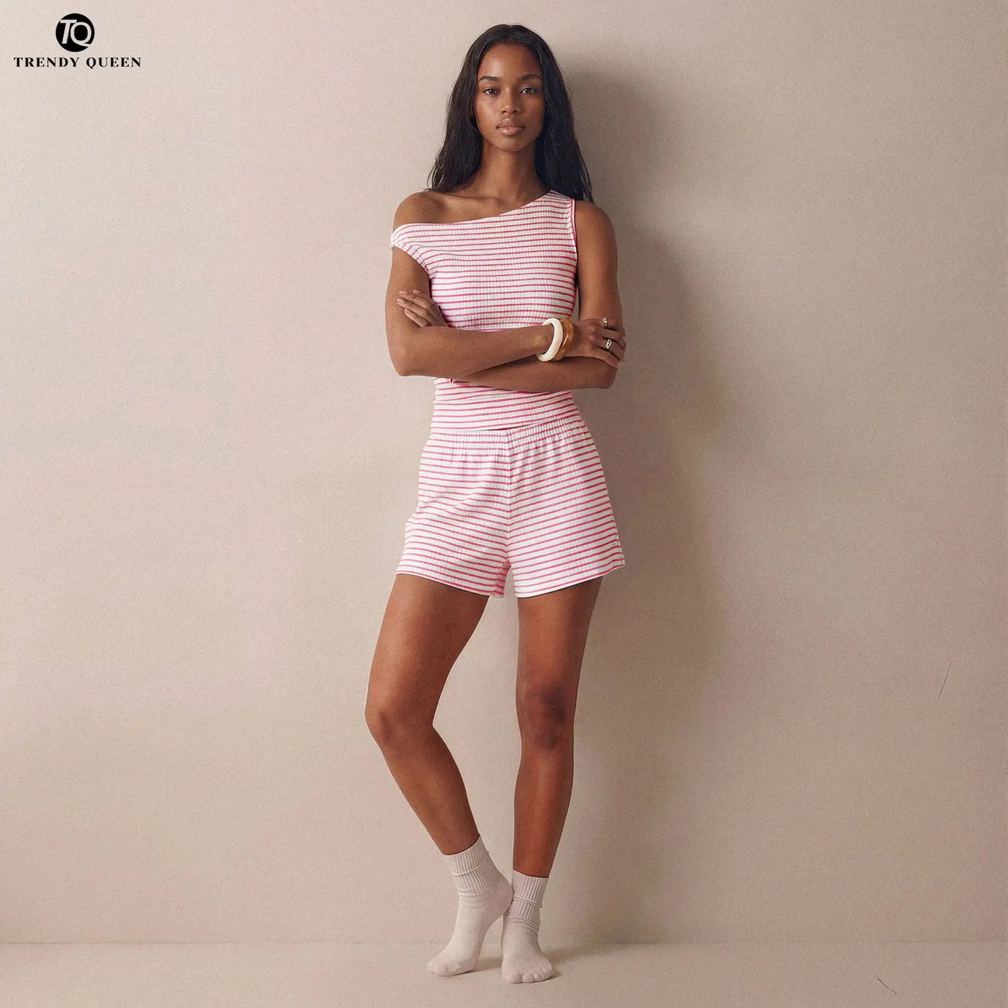 Trendy Queen Women'S Striped One Shoulder Two Piece Set - Summer 2026 Viral OOTD Ruched Sleeveless Top & Matching Shorts Vacation Outfit