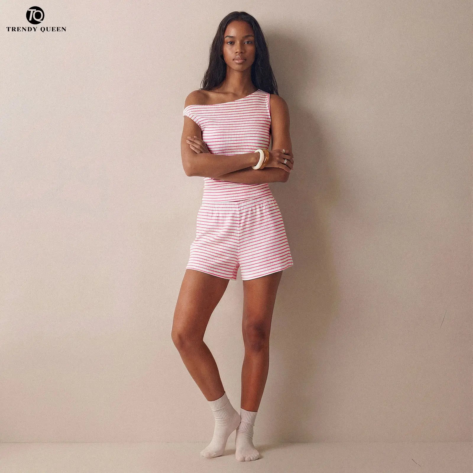 Trendy Queen Women'S Striped One Shoulder Two Piece Set - Summer 2026 Viral OOTD Ruched Sleeveless Top & Matching Shorts Vacation Outfit