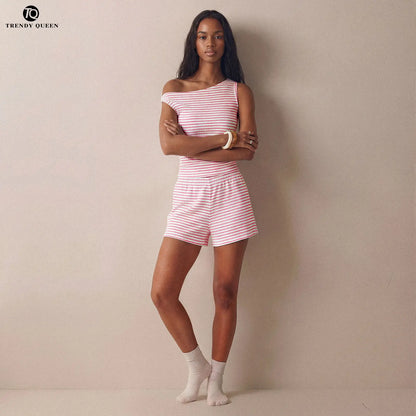 Trendy Queen Women'S Striped One Shoulder Two Piece Set - Summer 2026 Viral OOTD Ruched Sleeveless Top & Matching Shorts Vacation Outfit