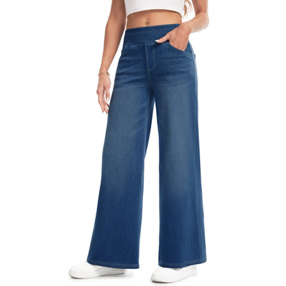 YUCOLEN Wide Leg Stretchy Jeans for Women Loose Fit Elastic High Waist Pants Pull on Baggy Fit Jeans Tummy Control Trousers Casual Work Wear (Regular Inseam)