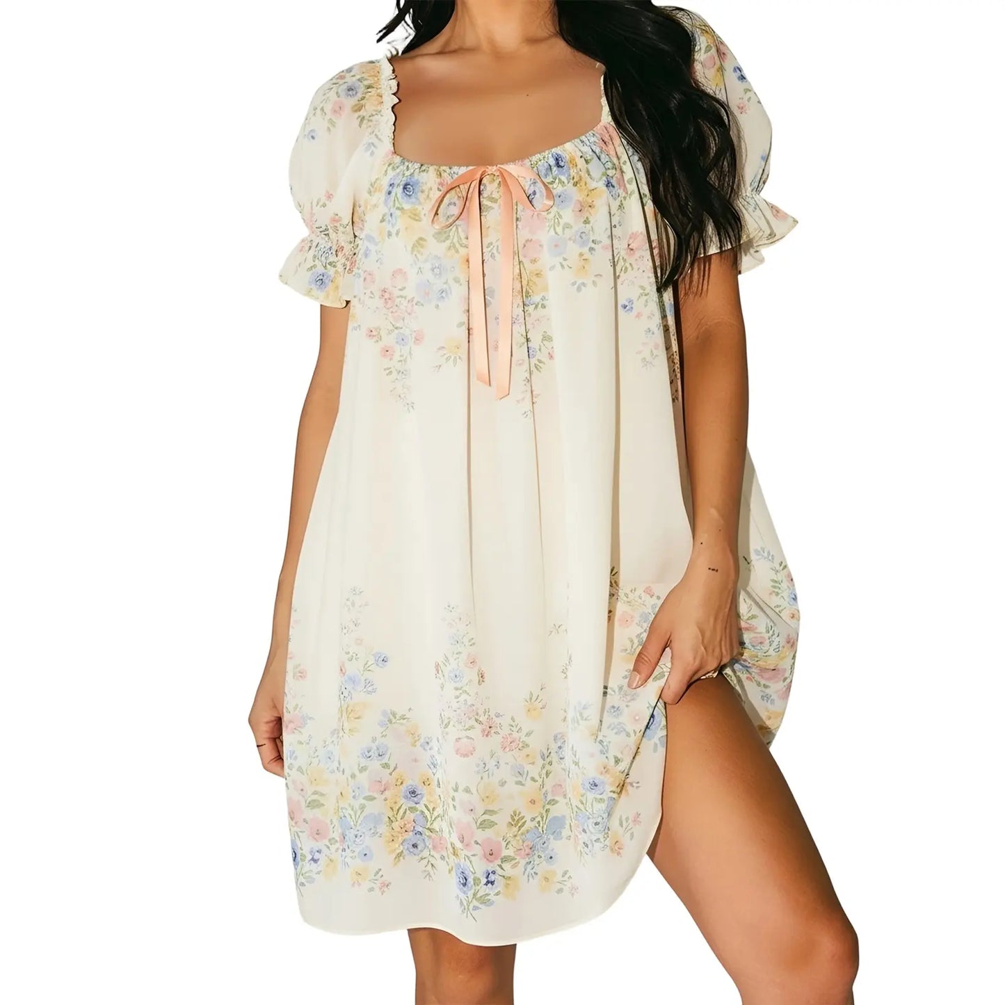 Women'S Summer Short T-Shirt Dress Short Puff Sleeve U Neck Tie up Floral Dresses