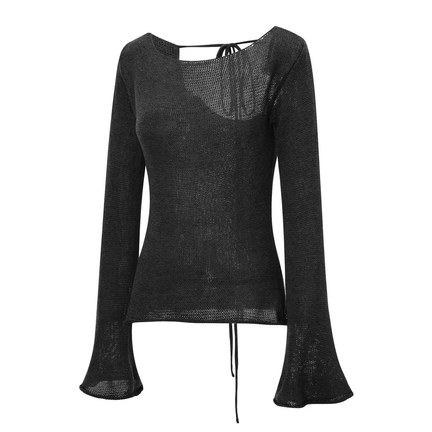 Women'S Tie Back Sweaters Long Sleeve Boat Neck Solid Color Knit Pullover Casual Tops
