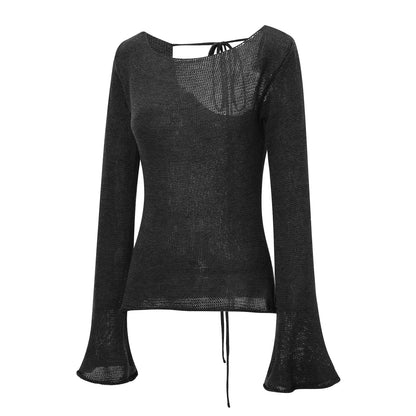 Women'S Tie Back Sweaters Long Sleeve Boat Neck Solid Color Knit Pullover Casual Tops
