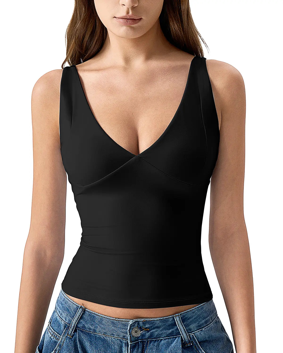 QINSEN Womens Double Lined Tank Tops Sexy V Neck Seamed Cup Adjustable Spaghetti Straps Camisole Shirts