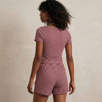 Trendy Queen Women'S 2 Piece Ribbed Striped Set Short Sleeve Scoop Neck Top and Matching Shorts Summer Lounge Wear Casual Shortsleeve