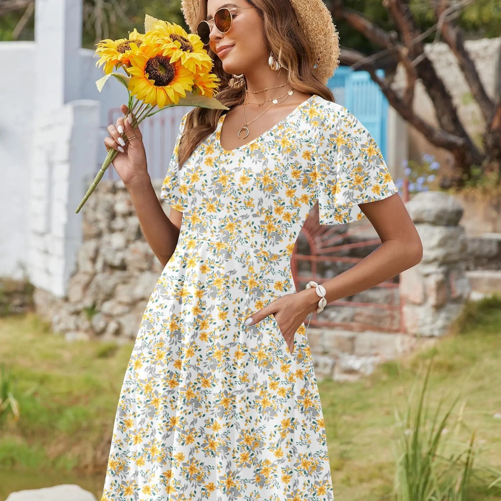 ZEAGOO Dealsforyoudays Womens Summer Dress Casual Swing Floral Ruffle Short Sleeve Sundresses Beach Mini A-Line Shift Dress 2025 with Pockets