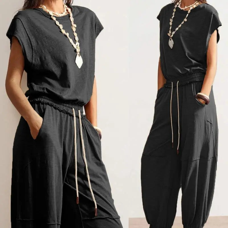 Tanming Women'S Casual Sleeveless One Piece Jumpsuits Crewneck Cap Sleeve Drawstring Romper Springfresh One Piece Outfits with Pockets