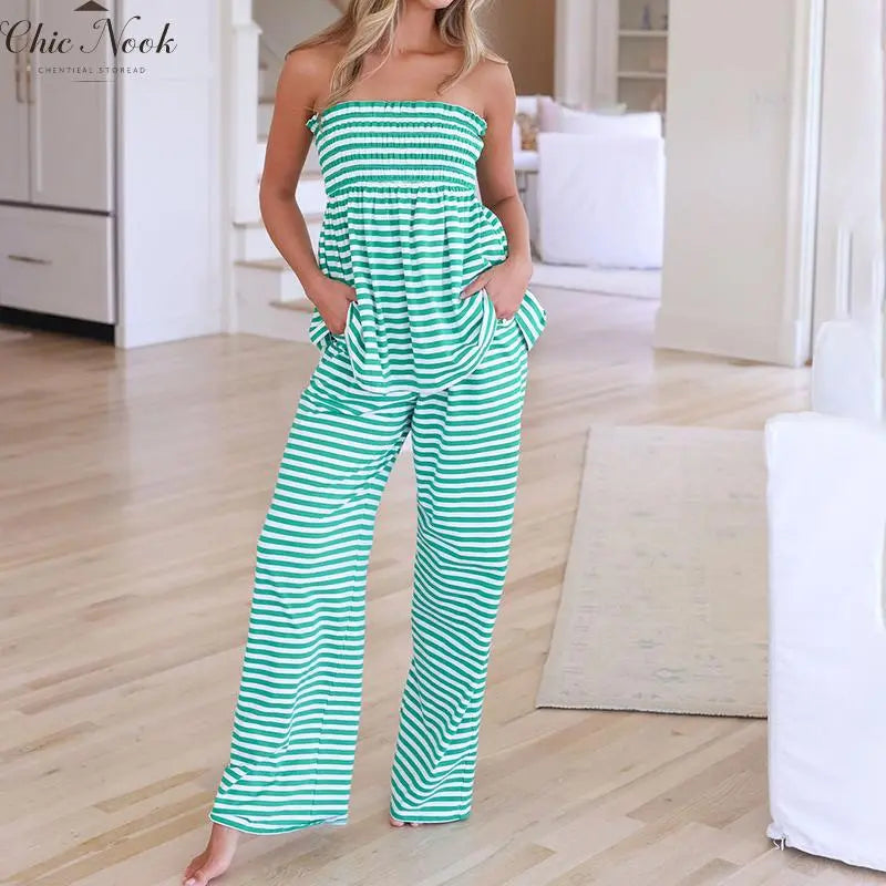 Women'S Striped Flowy Babydoll Bandeau Ruffle Tube Tops and Loose High Waist Long Pants Springstatements