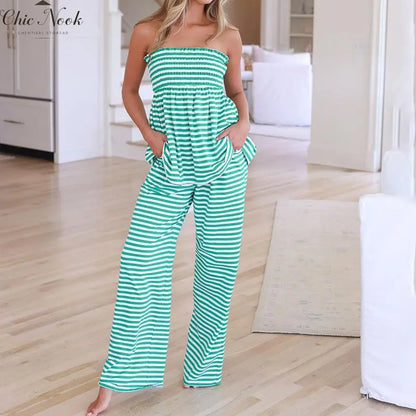 Women'S Striped Flowy Babydoll Bandeau Ruffle Tube Tops and Loose High Waist Long Pants Springstatements