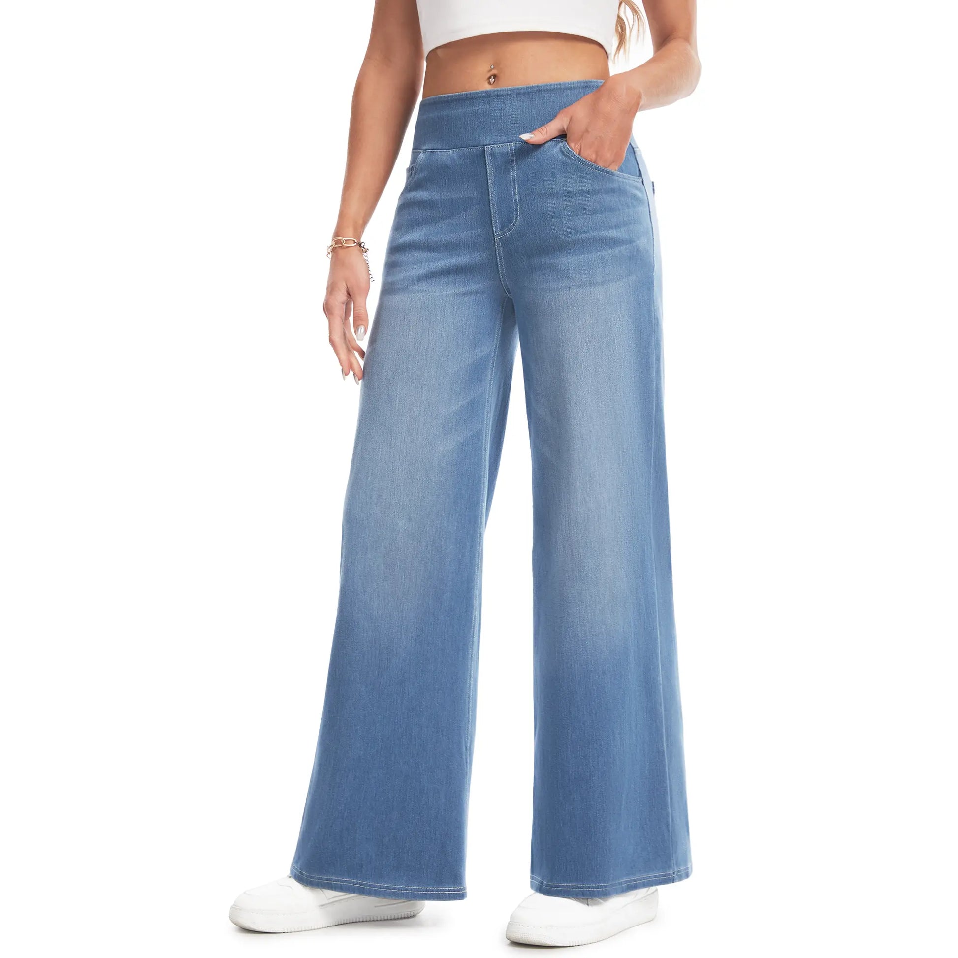 YUCOLEN Wide Leg Stretchy Jeans for Women Loose Fit Elastic High Waist Pants Pull on Baggy Fit Jeans Tummy Control Trousers Casual Work Wear (Regular Inseam)