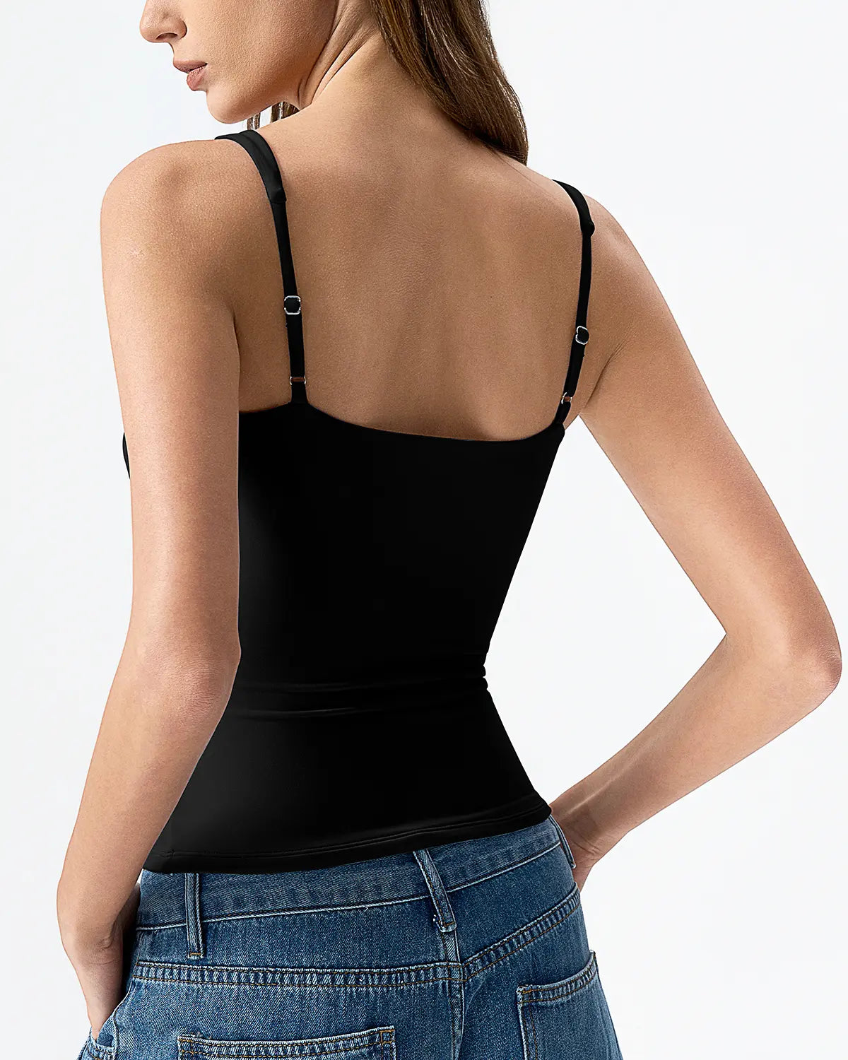 QINSEN Womens Double Lined Tank Tops Sexy V Neck Seamed Cup Adjustable Spaghetti Straps Camisole Shirts