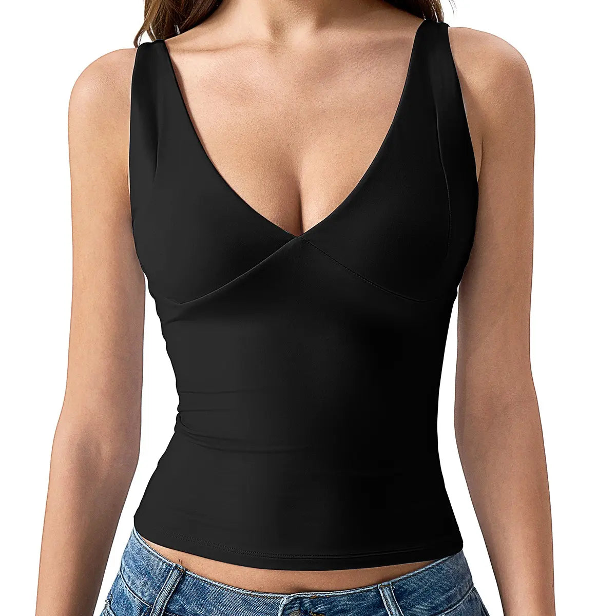 QINSEN Womens Double Lined Tank Tops Sexy V Neck Seamed Cup Adjustable Spaghetti Straps Camisole Shirts