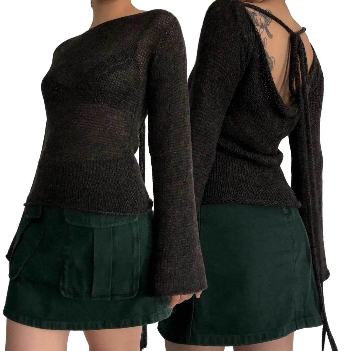 Women'S Tie Back Sweaters Long Sleeve Boat Neck Solid Color Knit Pullover Casual Tops