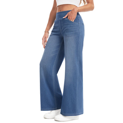 YUCOLEN Wide Leg Stretchy Jeans for Women Loose Fit Elastic High Waist Pants Pull on Baggy Fit Jeans Tummy Control Trousers Casual Work Wear (Regular Inseam)